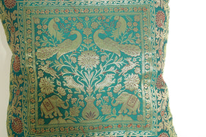 Emerald Green Exotic Silk Throw Pillow with Elephants and Peacocks India