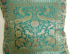 Emerald Green Exotic Silk Throw Pillow with Elephants and Peacocks India