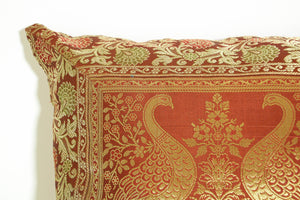 Red Silk Throw Pillow with Elephants and Peacocks India