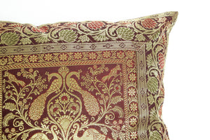 Silk Throw Pillow with Elephants and Peacocks India