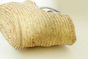 French Moroccan Straw Basket Tote Bag with Piped Leather Handles