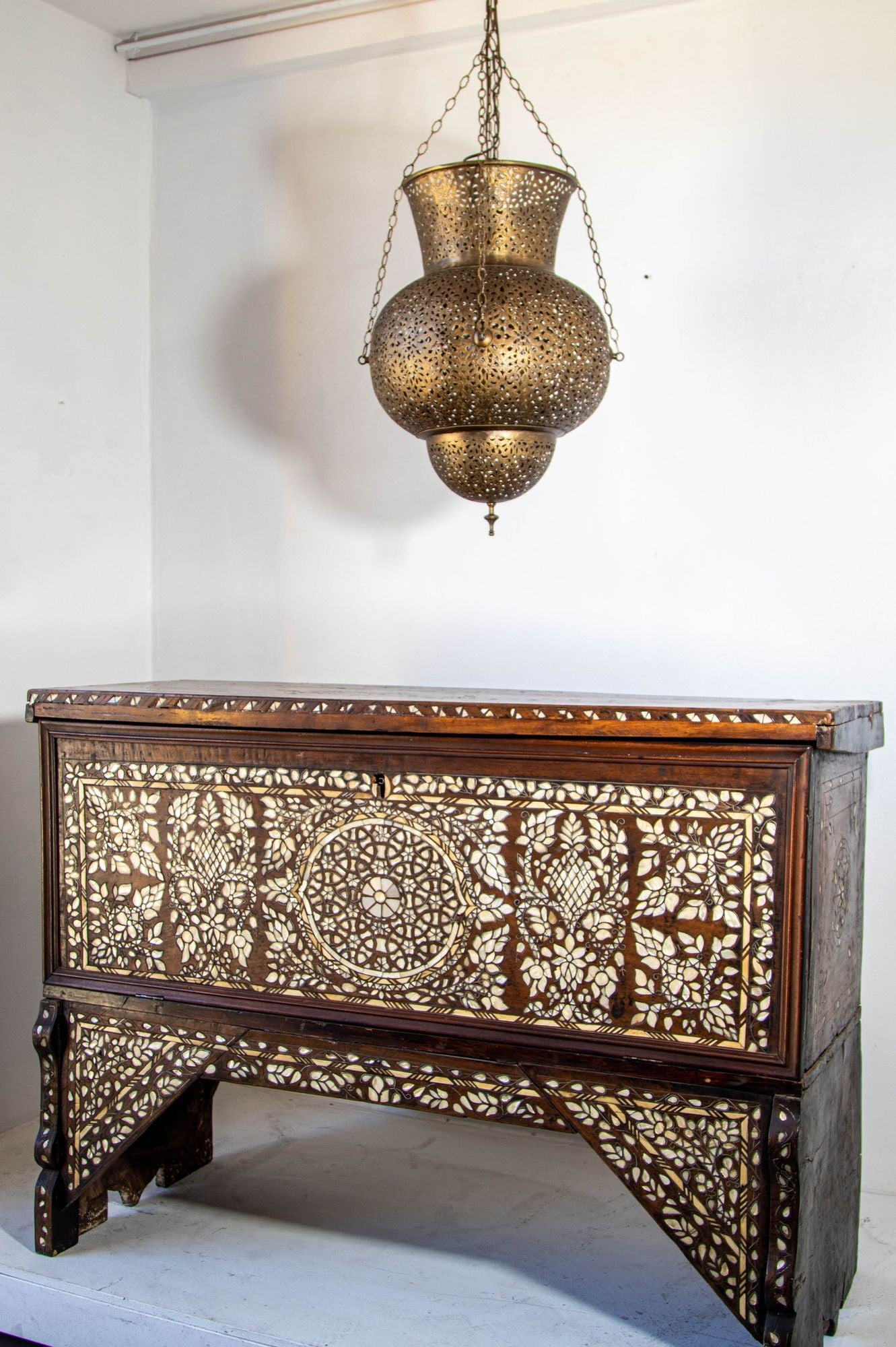 Antique Middle Eastern Mother of Pearl Inlay Dowry Trunk 19th C.