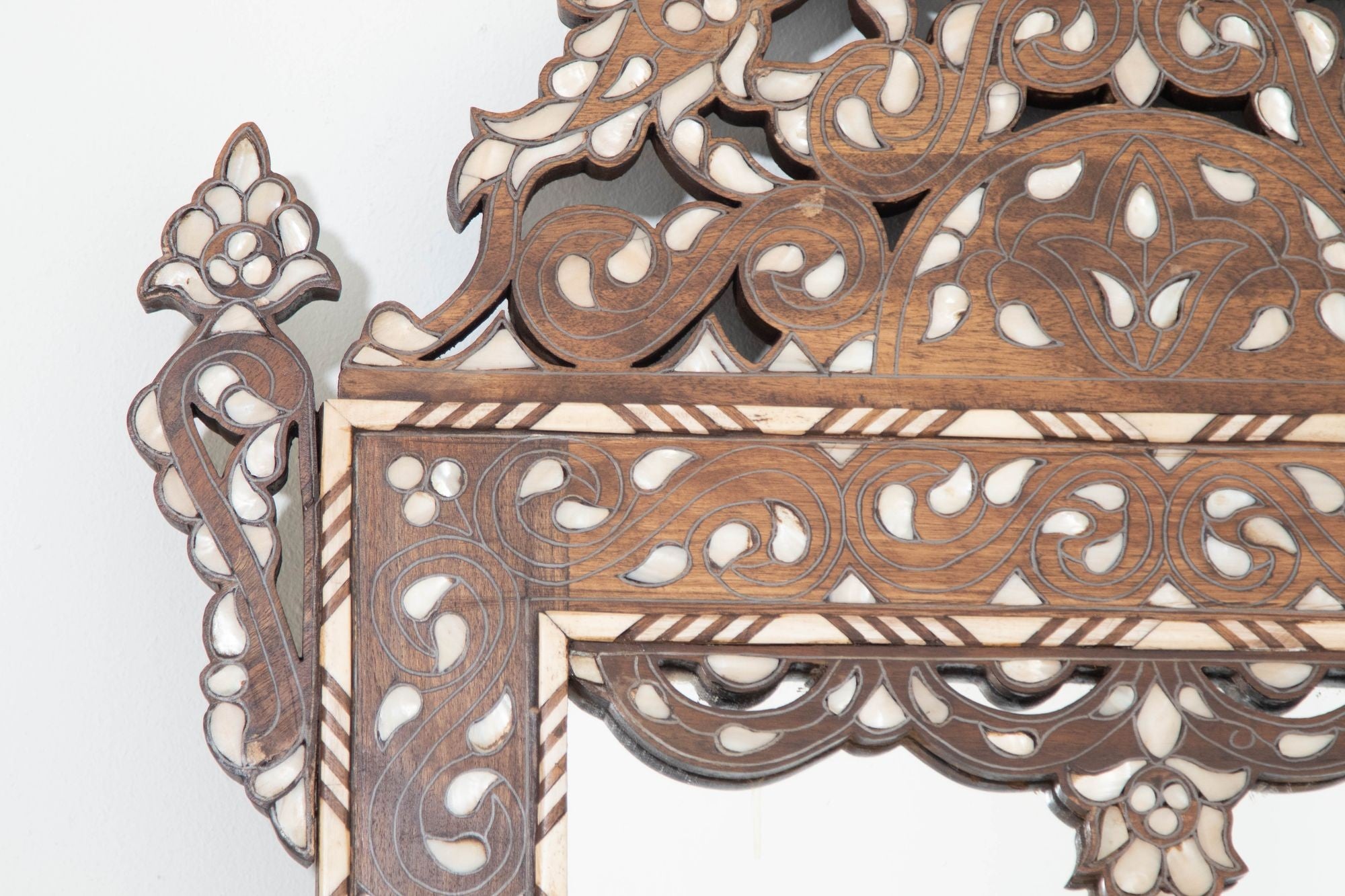 Damascene Moorish Bone Inlaid Mirrors With Floral Motif 52" H. A Pair