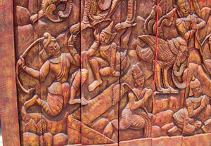 Antique Monumental Asian Hand-Carved Wooden Decorative Mural Panel 8ft