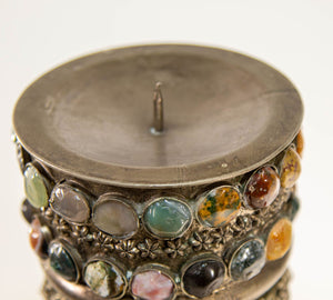 Vintage Agate Inlaid Jewelled Moroccan Silver Candle Holder