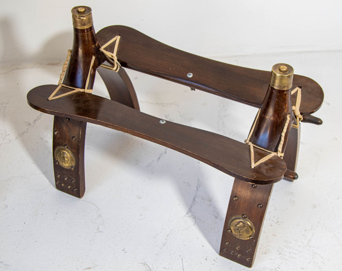 1960s Vintage Egyptian Camel Saddle Stool in Dark Wood & Red Leather