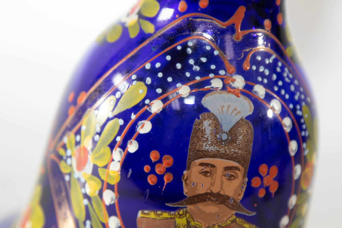 Vintage Royal Blue Enameled Bohemian Glass Vase, Persian Market