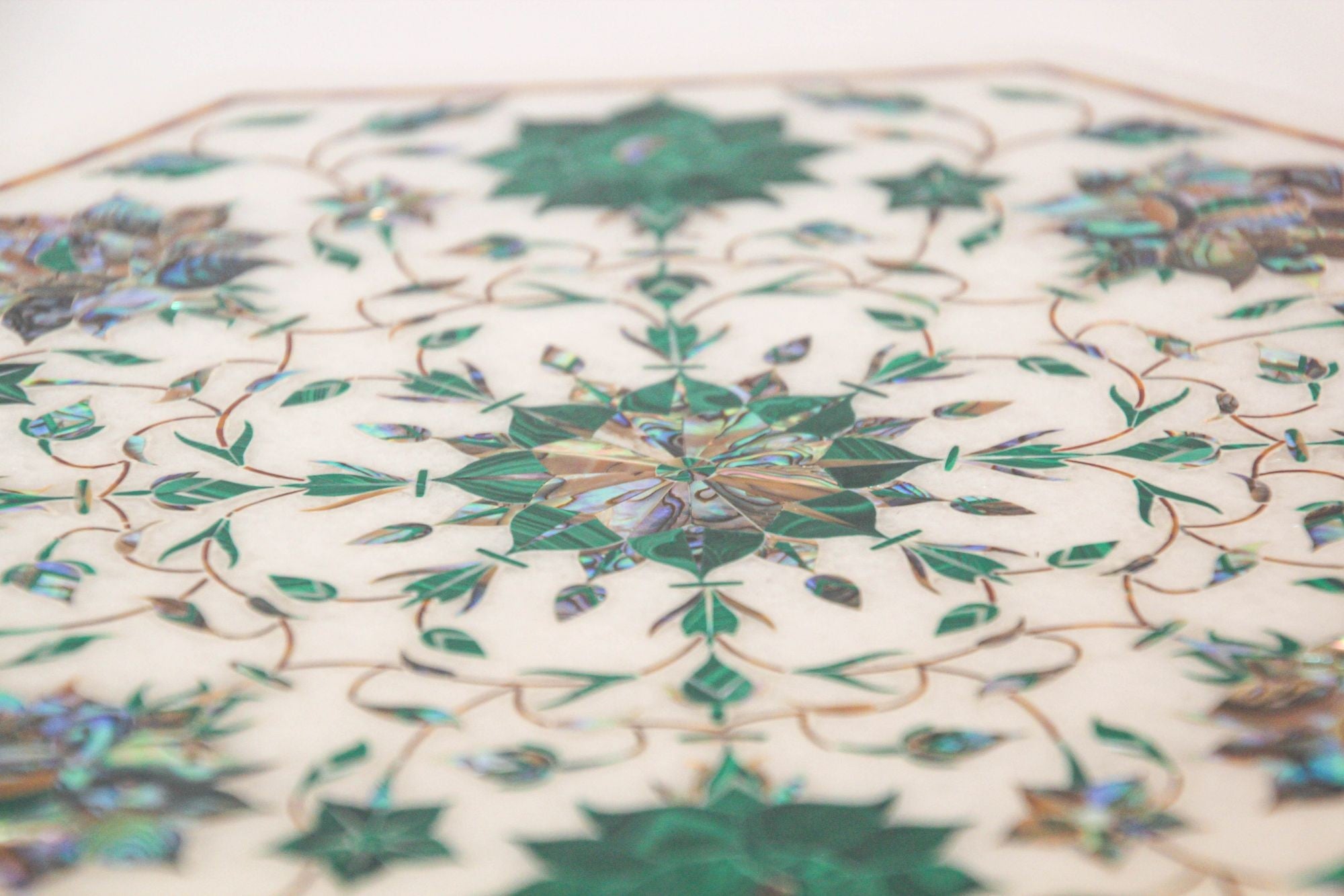 Pietra Dura White Mosaic Octagonal Inlaid Marble Top Handcrafted Agra India 1980