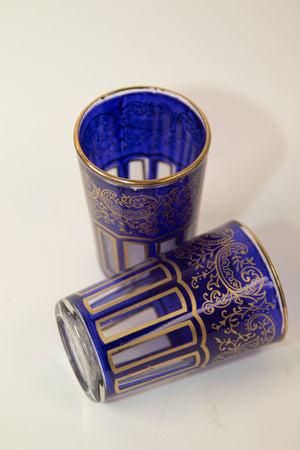 Moroccan Royal Blue Glasses with Gold Moorish Arabesque Design Set of 6 Barware