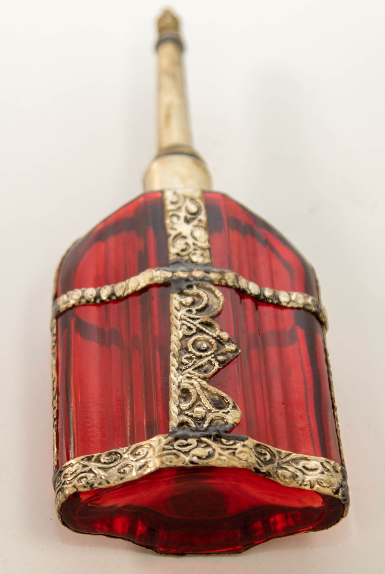 Moroccan Perfume Bottle Sprinkler with Embossed Metal Overlay and Red Glass