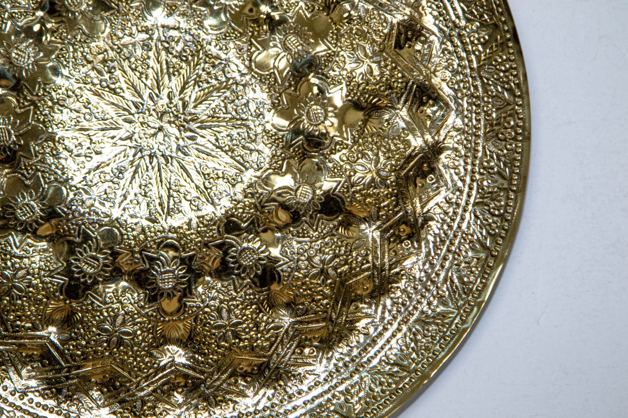 Islamic Persian Polished Brass Tray Collectible Metal Work Platter 10 inches D.