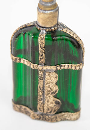 Moorish Emerald Green Glass Perfume Bottle Sprinkler with Embossed Metal Overlay