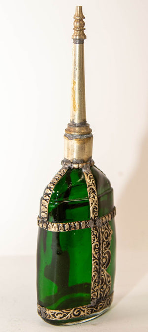 Moorish Green Glass Perfume Bottle Sprinkler with Embossed Metal Overlay