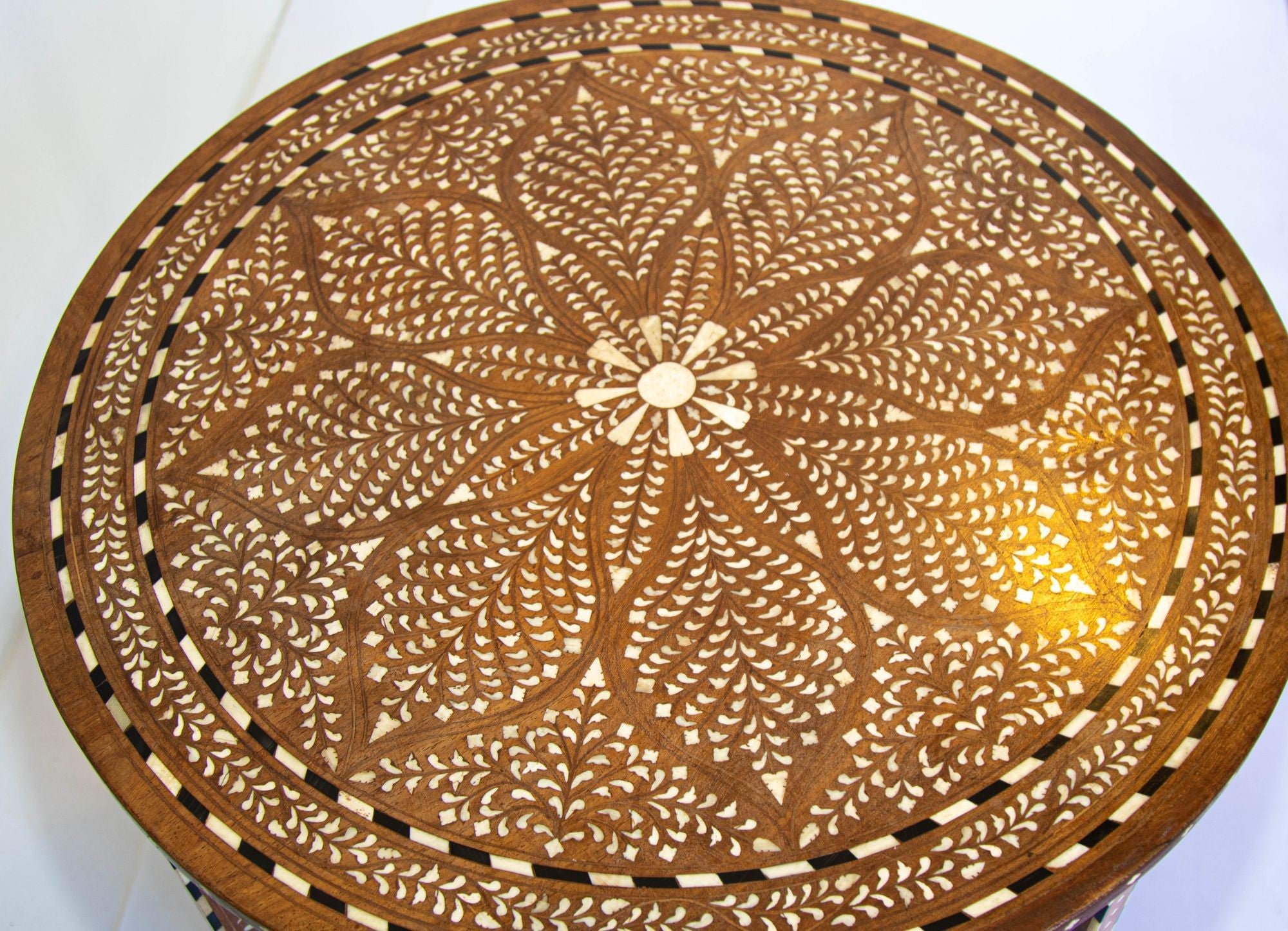 Anglo Indian Mughal Teak Wood Round Side Table with Bone Inlaid