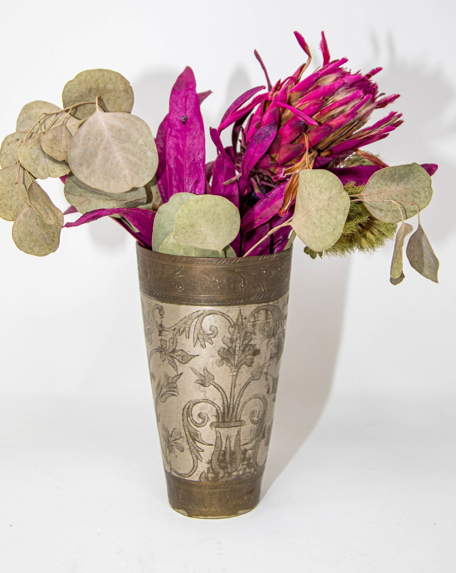 Antique Engraved Metal Silvered Beaker or Vase from India 1940s