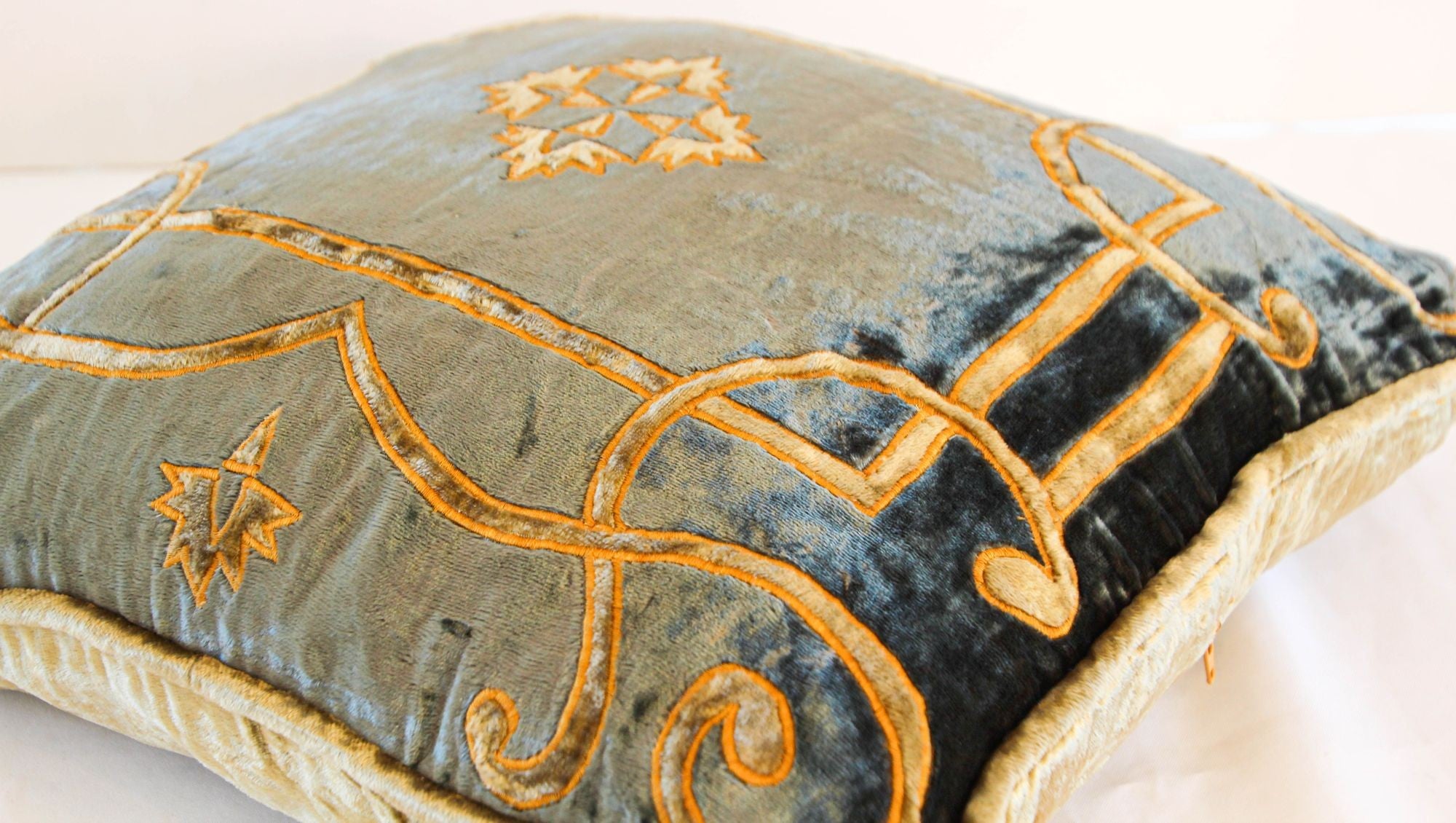 Baroque Venetian Style, Blue and Gold Velvet Pillow, Elaborate Applique Work