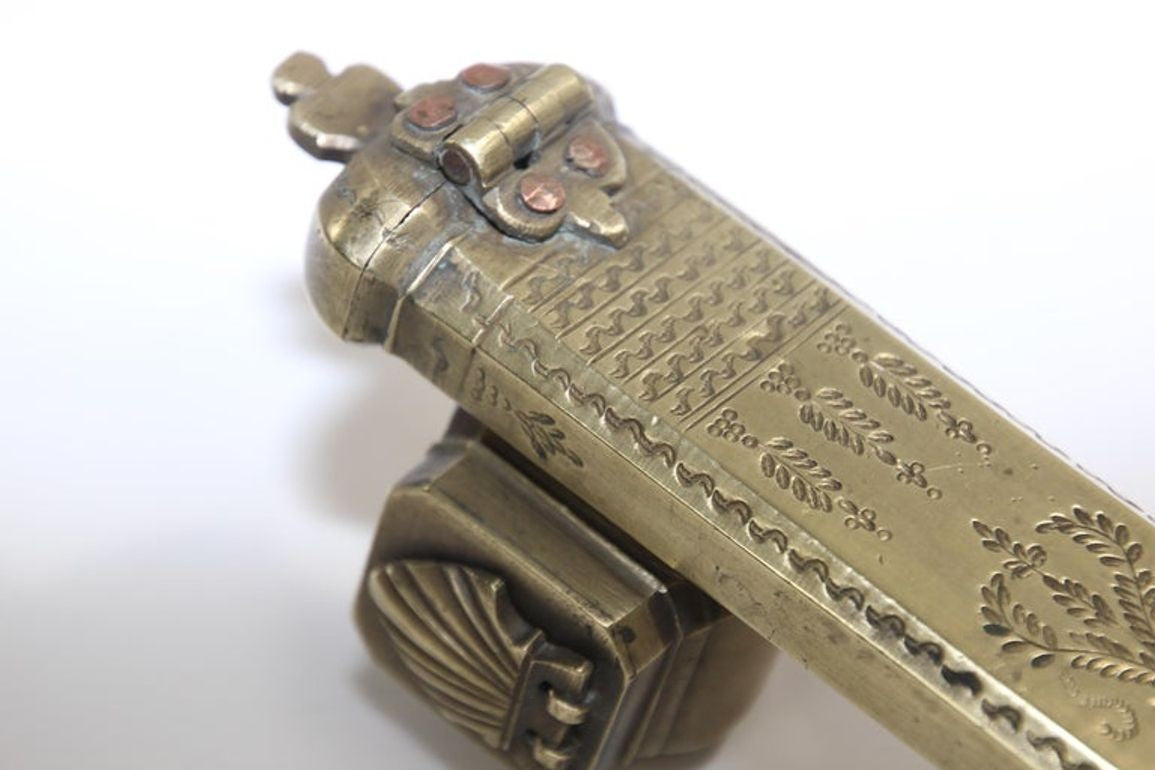 Antique Brass Qalamdan Inkwell, Moorish Design, Egypt, 1880