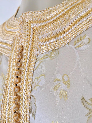 Vintage Moroccan Kaftan White and Gold Metallic Floral Brocade Caftan 1970's