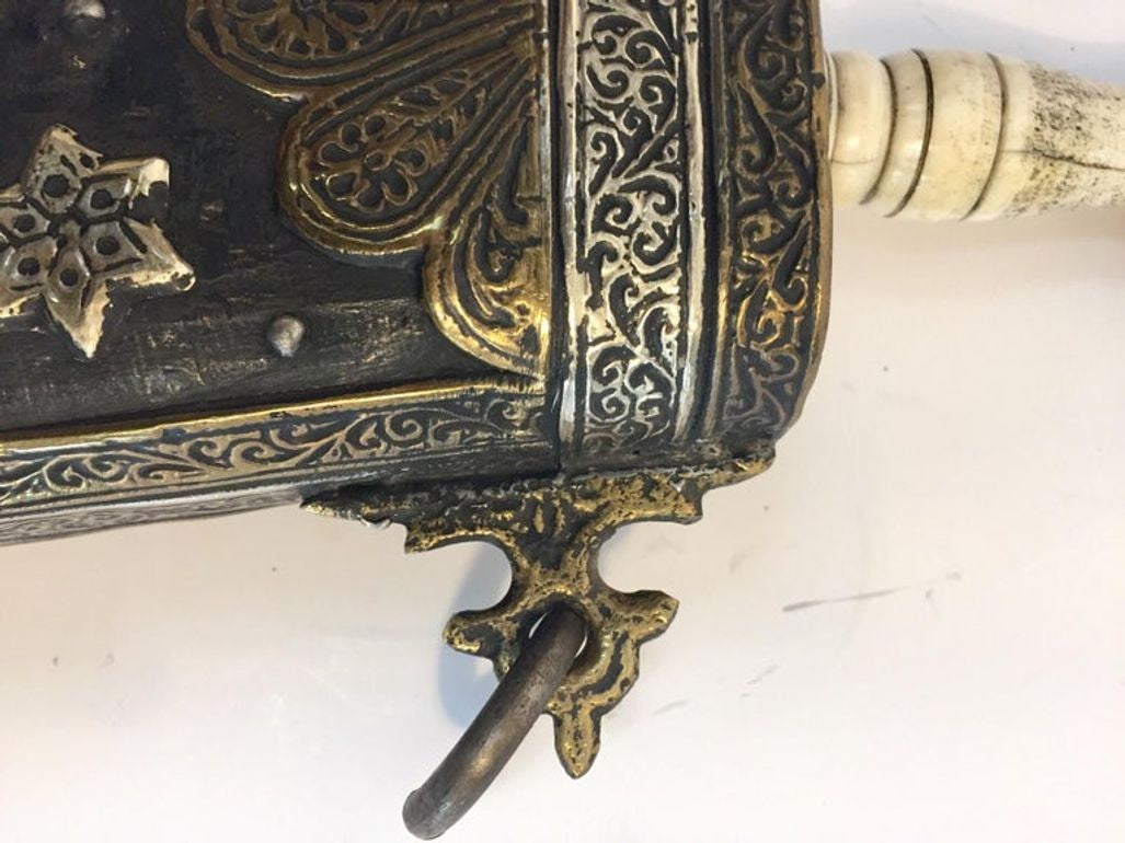 Antique Moroccan Berber Case Flask, Hand-Carved Wood & Brass, 1920s