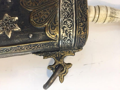 Antique Moroccan Berber Case Flask, Hand-Carved Wood & Brass, 1920s