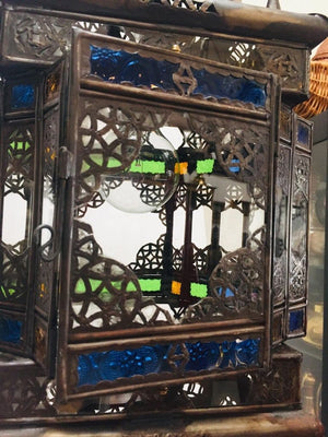 Moroccan Hall Lantern Light Fixture with Multi-Color Glass Moorish Style