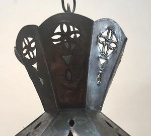 Handcrafted Moroccan Metal and Blue Glass Lantern, Octagonal Shape