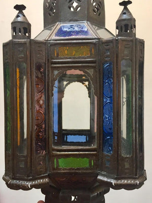 Moroccan Handcrafted Moorish Pendant Lantern with Multi-Color Glass