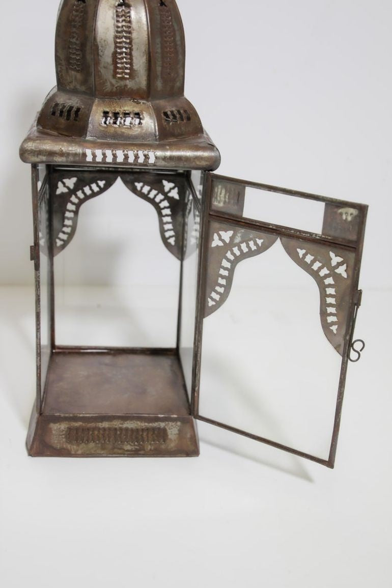 Moroccan Metal Candle Lantern in Moorish Square Metal and Clear Glass