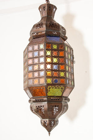 Moroccan Moorish Metal Light Fixture with Stained Glass