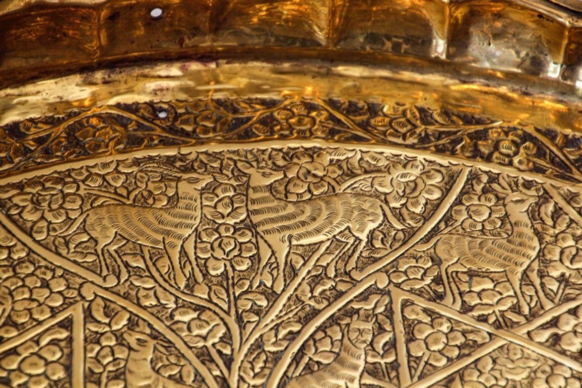 Large Antique Decorative Indo-Persian Mughal Hammered Brass Tray 19th c.