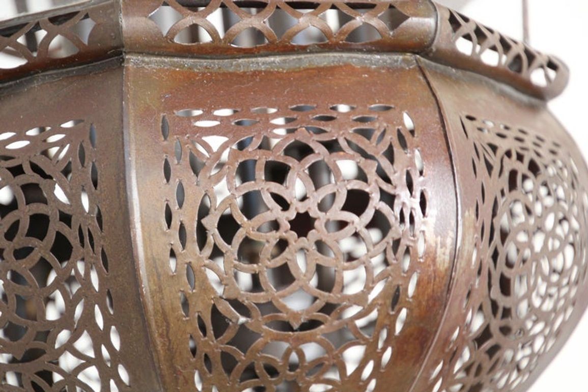 Vintage Moroccan Moorish Clear Glass Pierced Metal Lantern Chandelier, 1980s