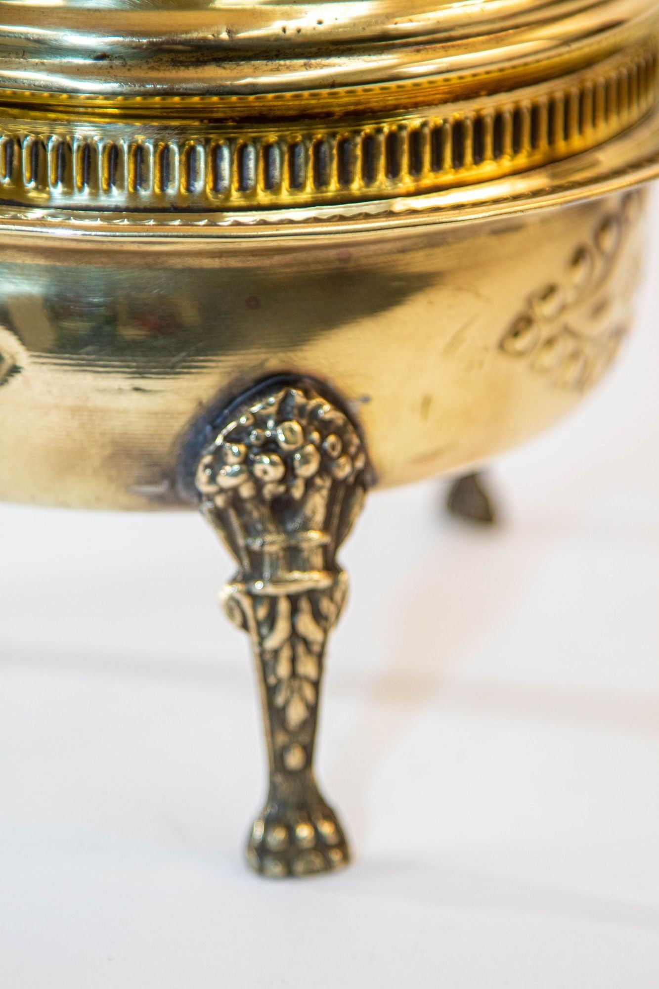 1940s Antique Round Moroccan Brass Serving Dish with Dome Lid and Paw Lion Feet.