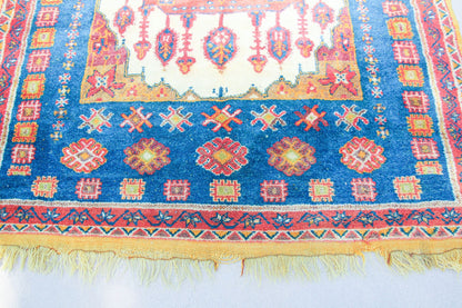 1960s Moroccan Berber Rug in Royal Blue, Pink and Orange Colors