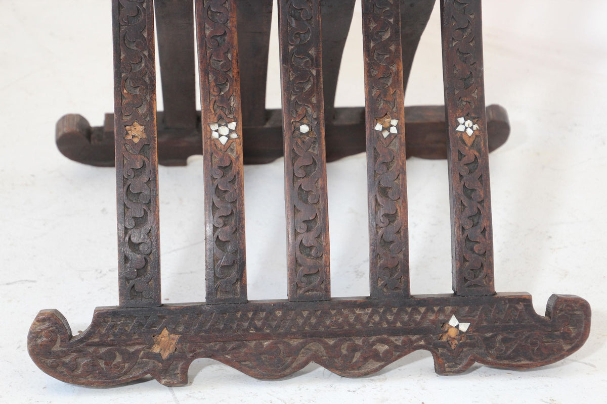 Antique Egyptian Moorish Carved Walnut Mother-of-Pearl Inlaid Folding Chair