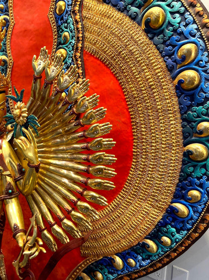 Handcrafted Oversized Gilt and Polychrome Copper Avalokiteshvara Statue, Nepal — detail view 12