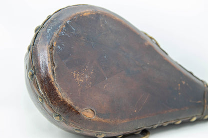 Antique Moroccan Carved Wood and Tooled Leather Powder Flask, 19th Century