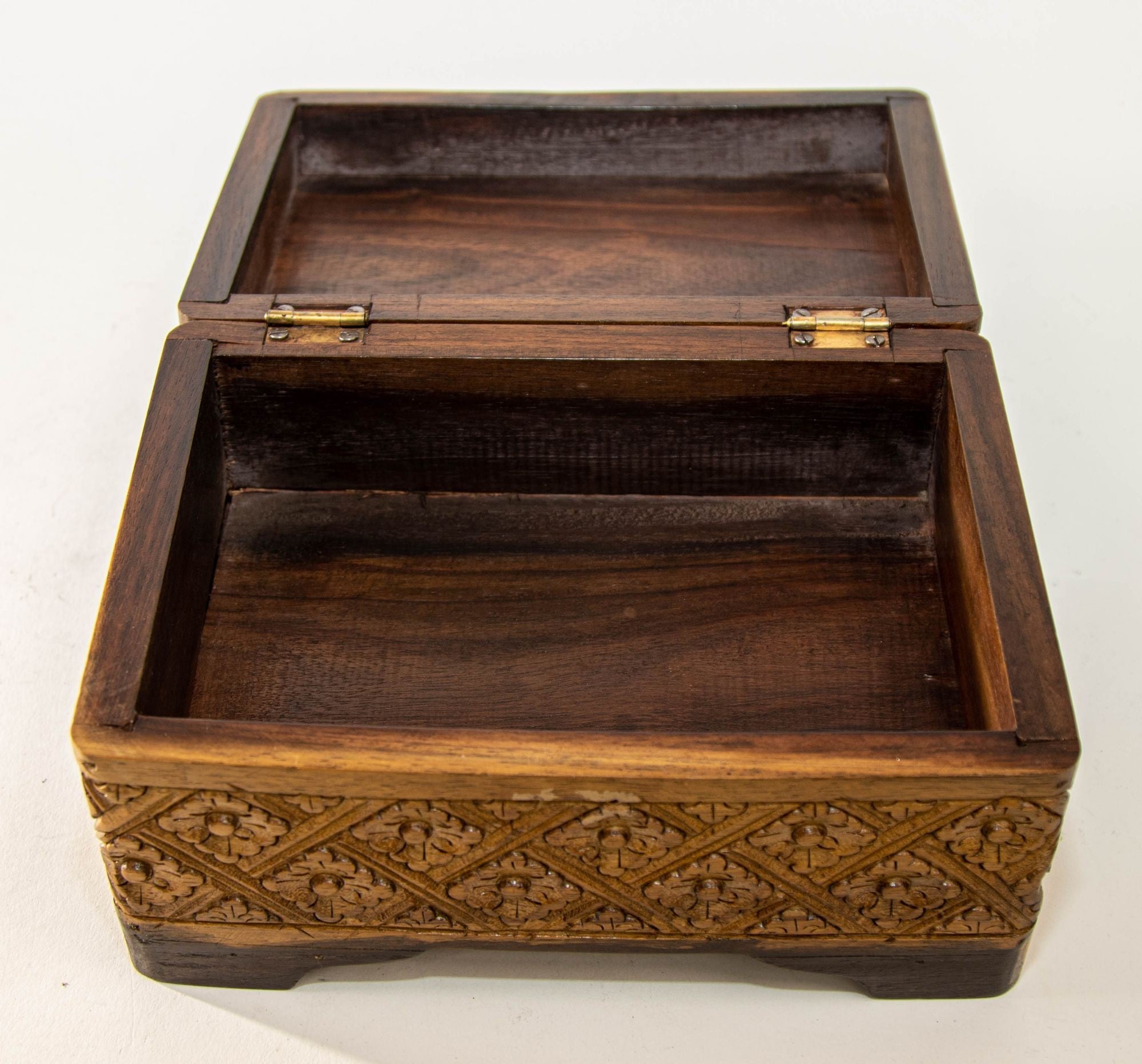 1960s Vintage Asian Large Hand Carved Wooden Humidor Footed Box