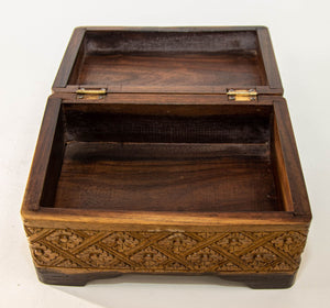 1960s Vintage Asian Large Hand Carved Wooden Humidor Footed Box