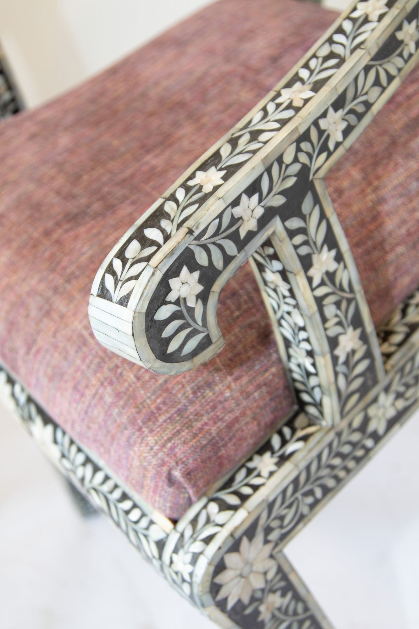 Anglo-Indian Mughal Mother of Pearl Inlaid Klismos Armchair with Ram Head 1 of 2