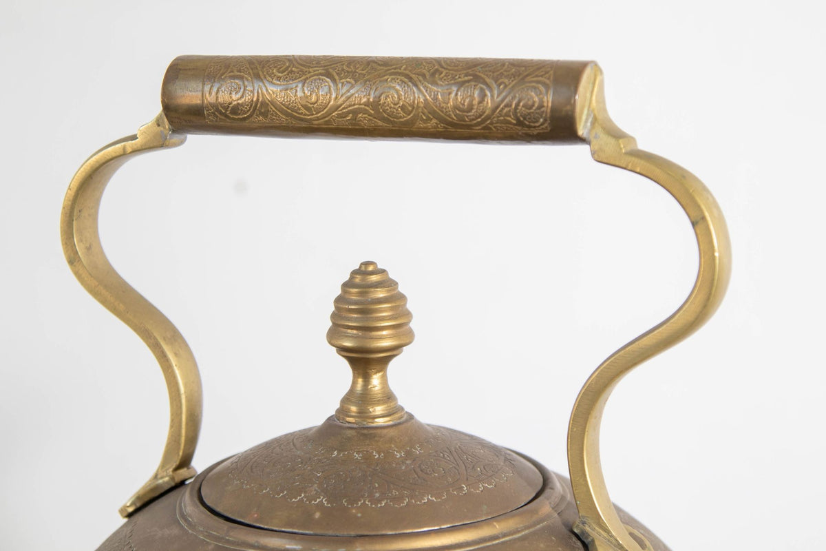Monumental Moroccan Engraved Brass Tea Kettle on Stand