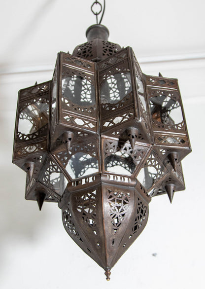Vintage Moroccan Moorish Star Clear Glass & Pierced Metal Lantern, Marrakech
