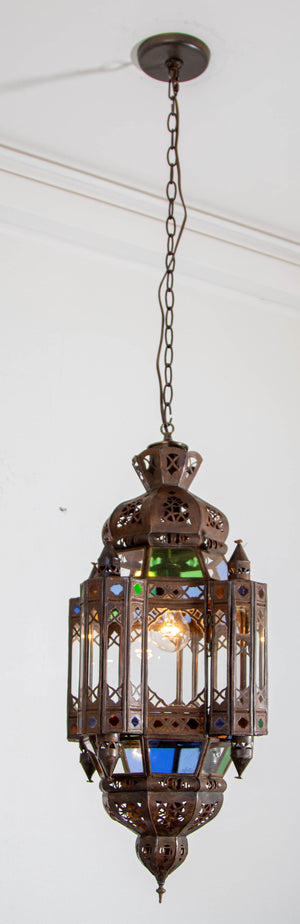 Vintage Moroccan Traditional Moorish Metal and Glass Lantern Ceiling Light