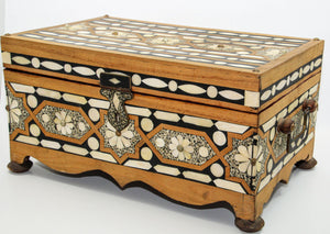 Moroccan Dowry Box Inlaid with White Camel Bone Rectangular Carved Wood Trunk