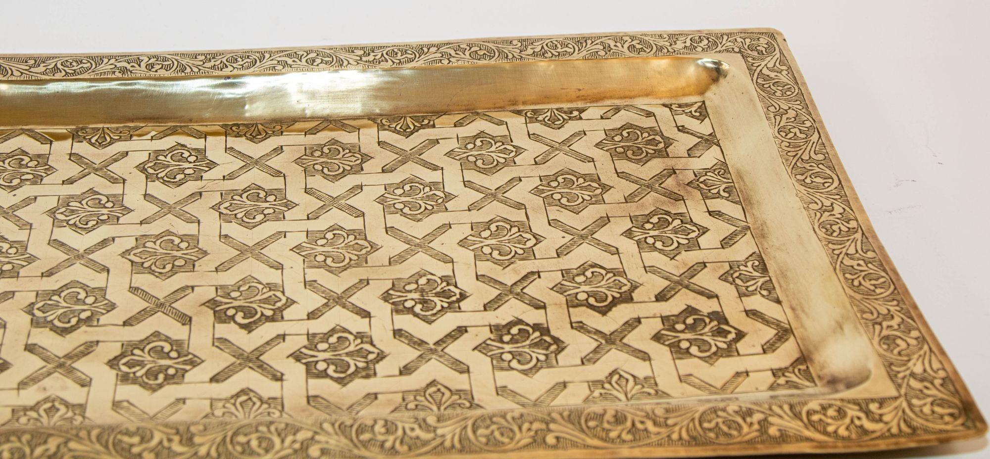 1940s Moroccan Brass Tray Rectangular Shape Polished Gold Brass Serving Platter