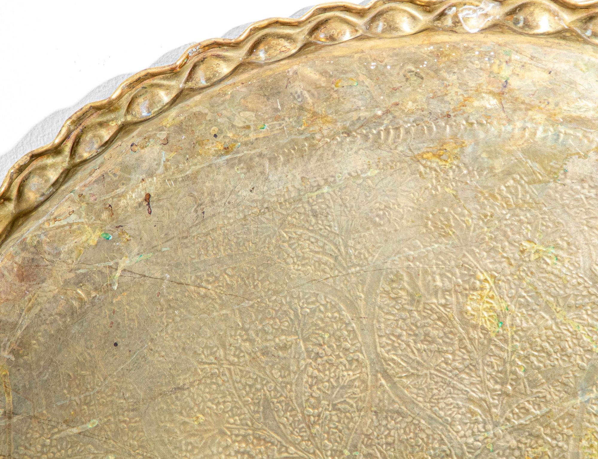 Antique Islamic Mughal Rajasthani Large Moorish Round Brass Tray with Crest Edges 30 in.