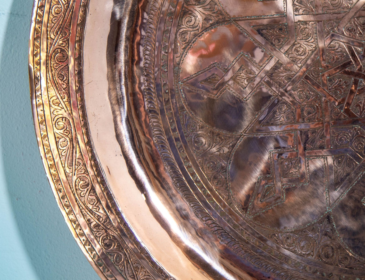 Antique Oversized Moroccan Metal Copper Tray 31 in Diameter