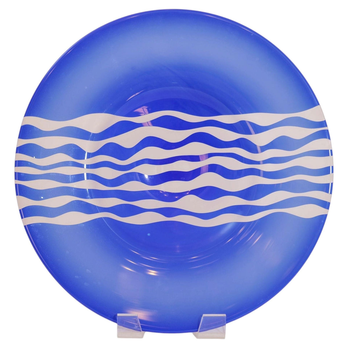 Leonard Marty Cobalt Blue with Etched Waves Large Art Glass Bowl Signed Dated — main image
