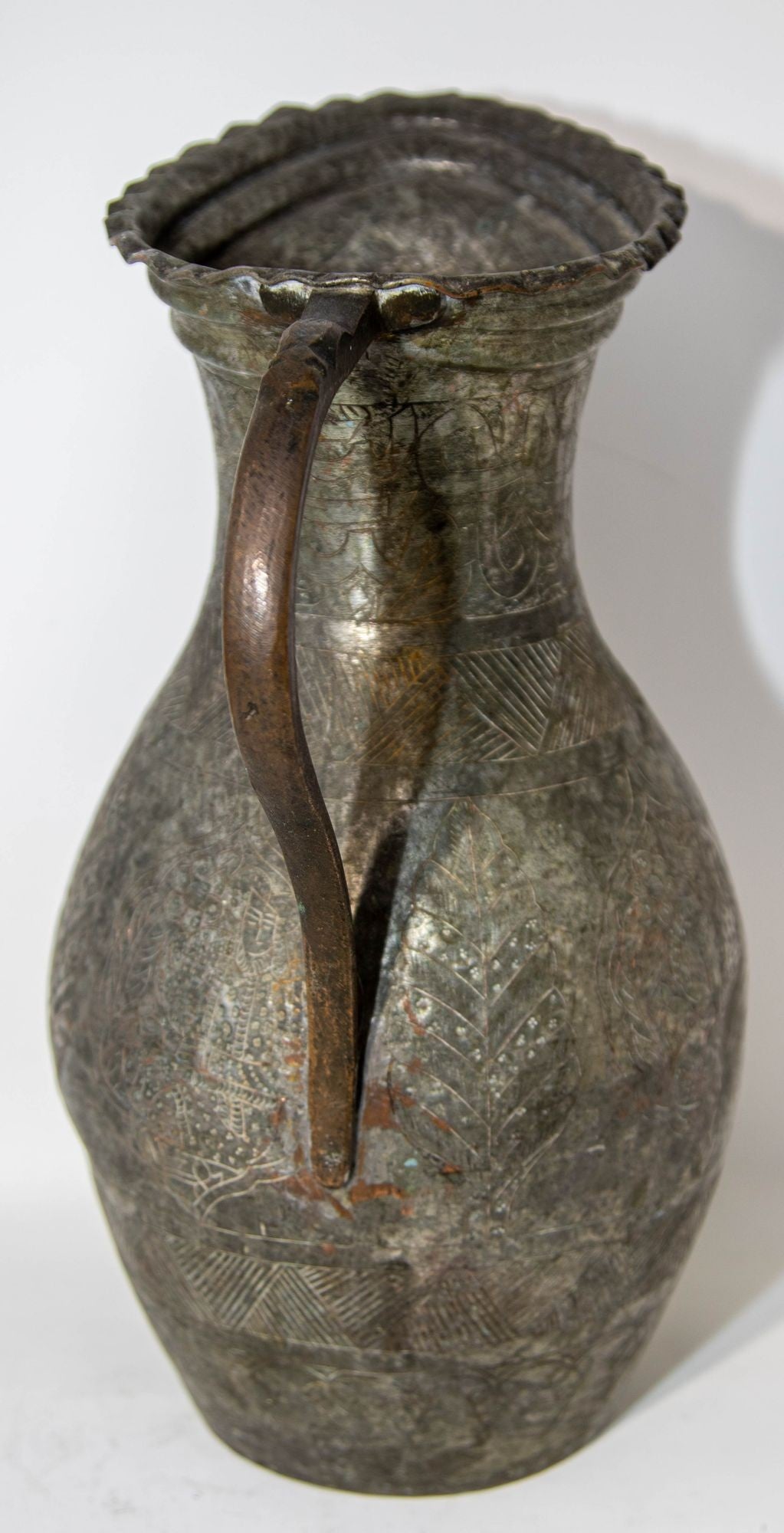 19th Century Persian Qajar Engraved Tinned Copper Ewer Pitcher