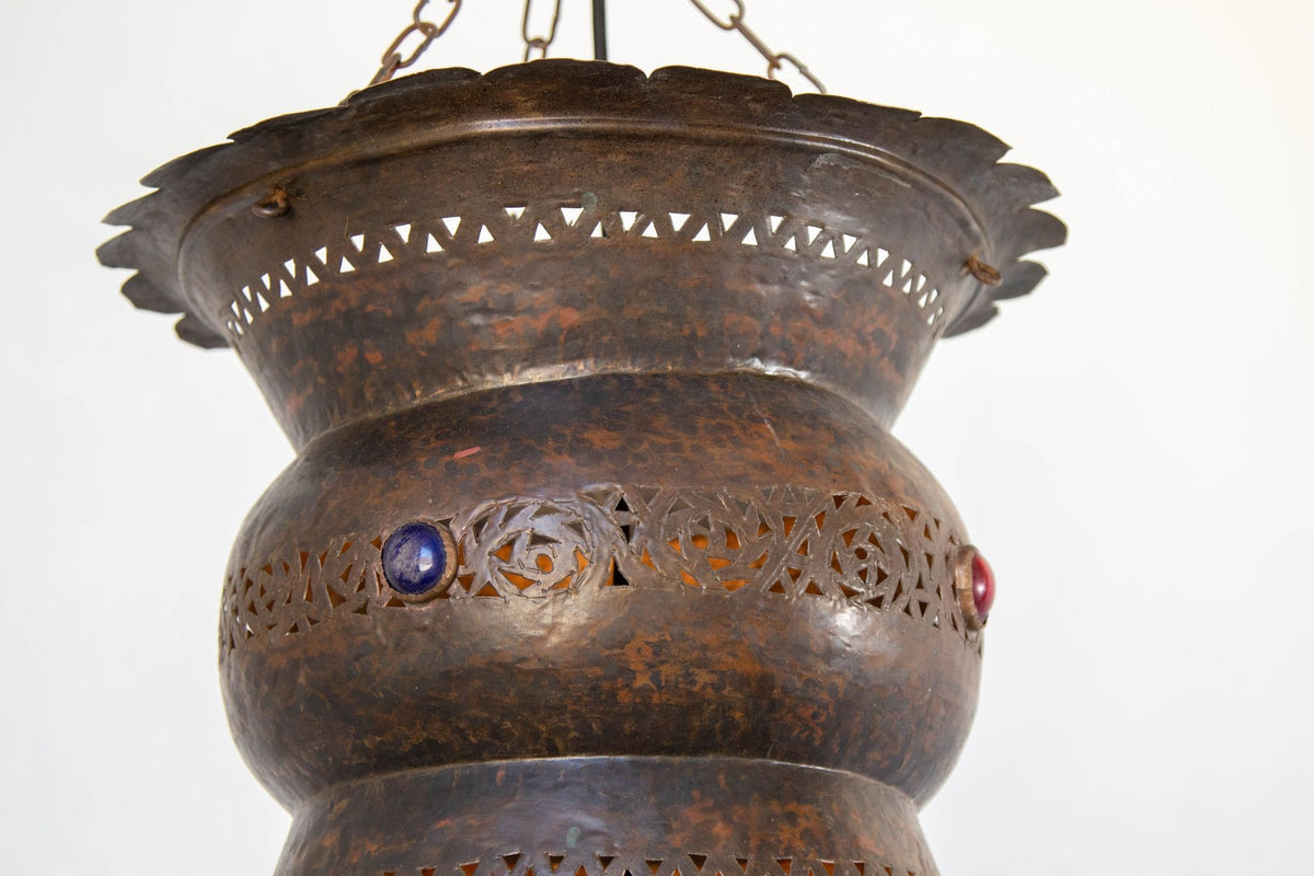 Large Moroccan Moorish Pierced Brass Chandelier with Colored Glass, circa 1940