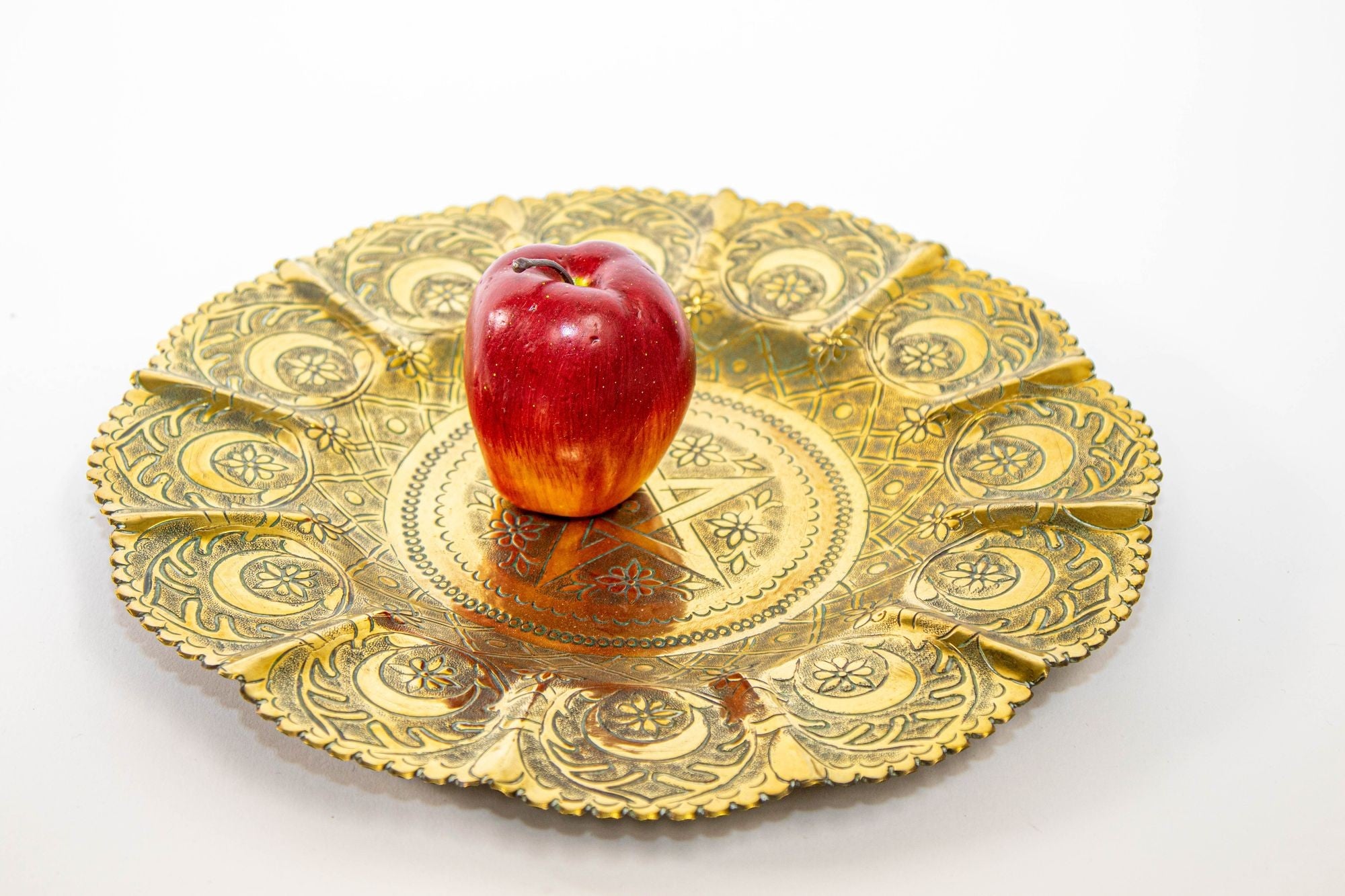 1950s Moroccan Brass Tray with Star and Moon Pattern 13 in. Diameter